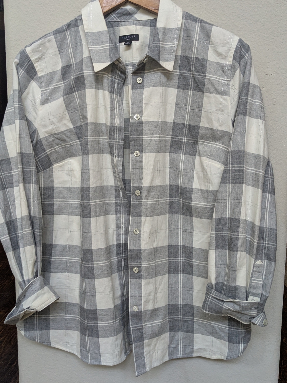 Talbots Men's Gray and White Plaid Button-Down Shirt